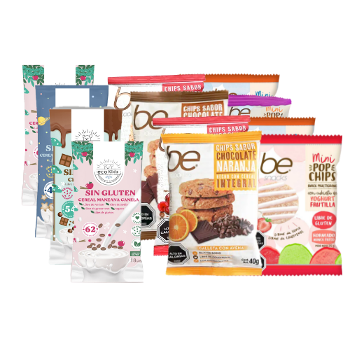 Pack CandyLo Saludable BE Mix galletones BE 4uu + Galletas MINI 4uu + Barra Arroz 4uu 12 uu (marcas: Be cookies, Ecovida, Lulemuu)