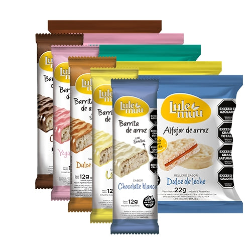 Pack mix alfajor arroz 5uu + barra arroz 5uu (marca Lule Muu)